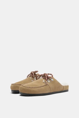 Δερμάτινα σανδάλια με κορδόνια σε στυλ faux shearling